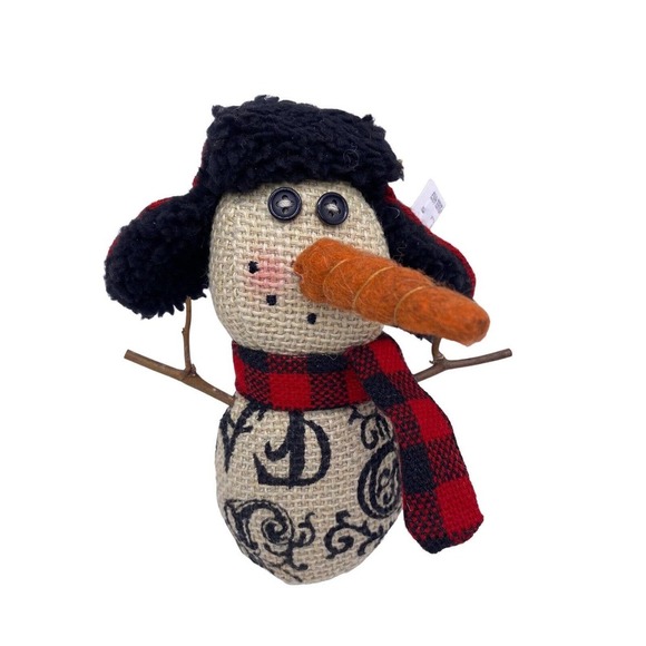 Fur Trapper Hat Snowman Stuffed Plush Christmas Ornament Country French Script - Picture 1 of 8